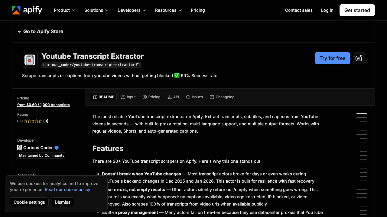 Apify YouTube Transcript Extractor actor official page