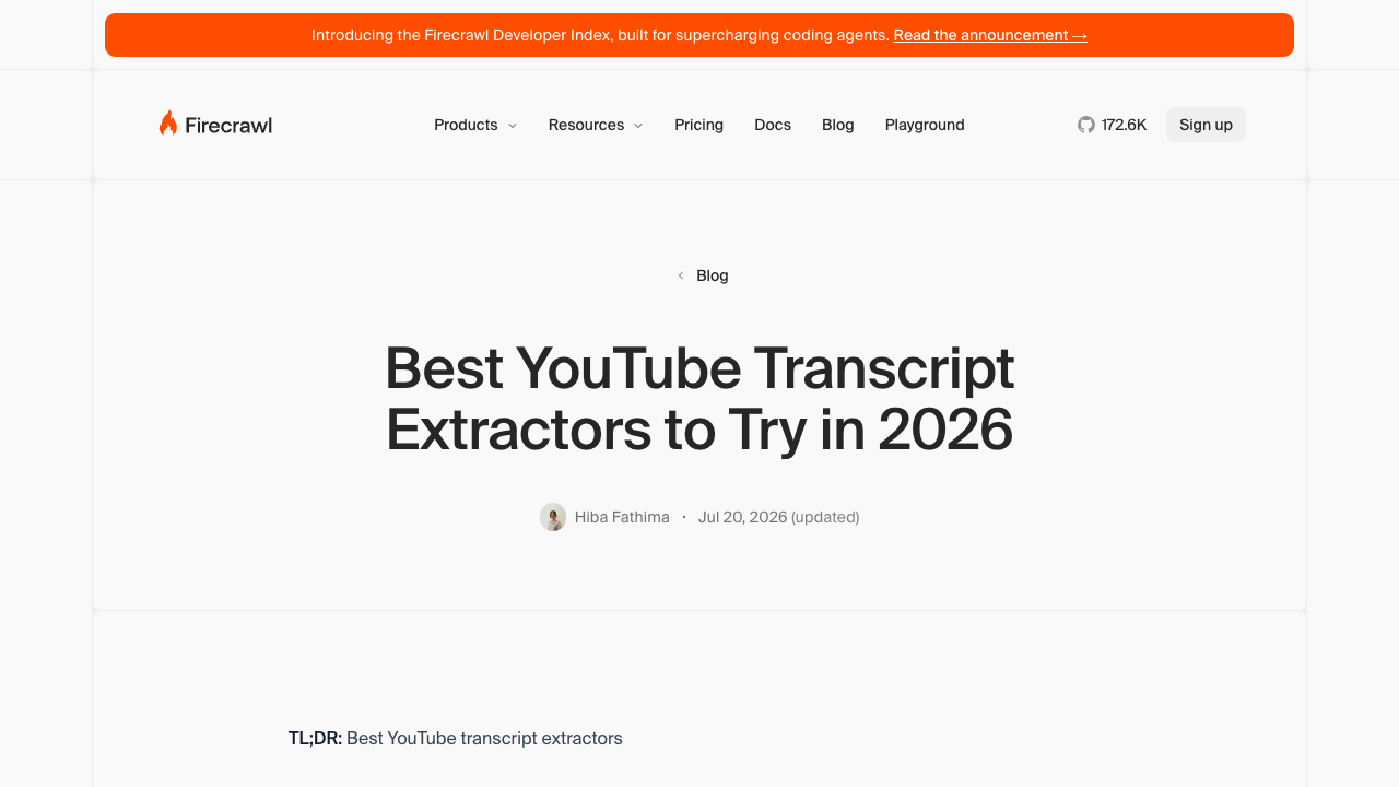 Firecrawl article comparing YouTube transcript extractors in 2026