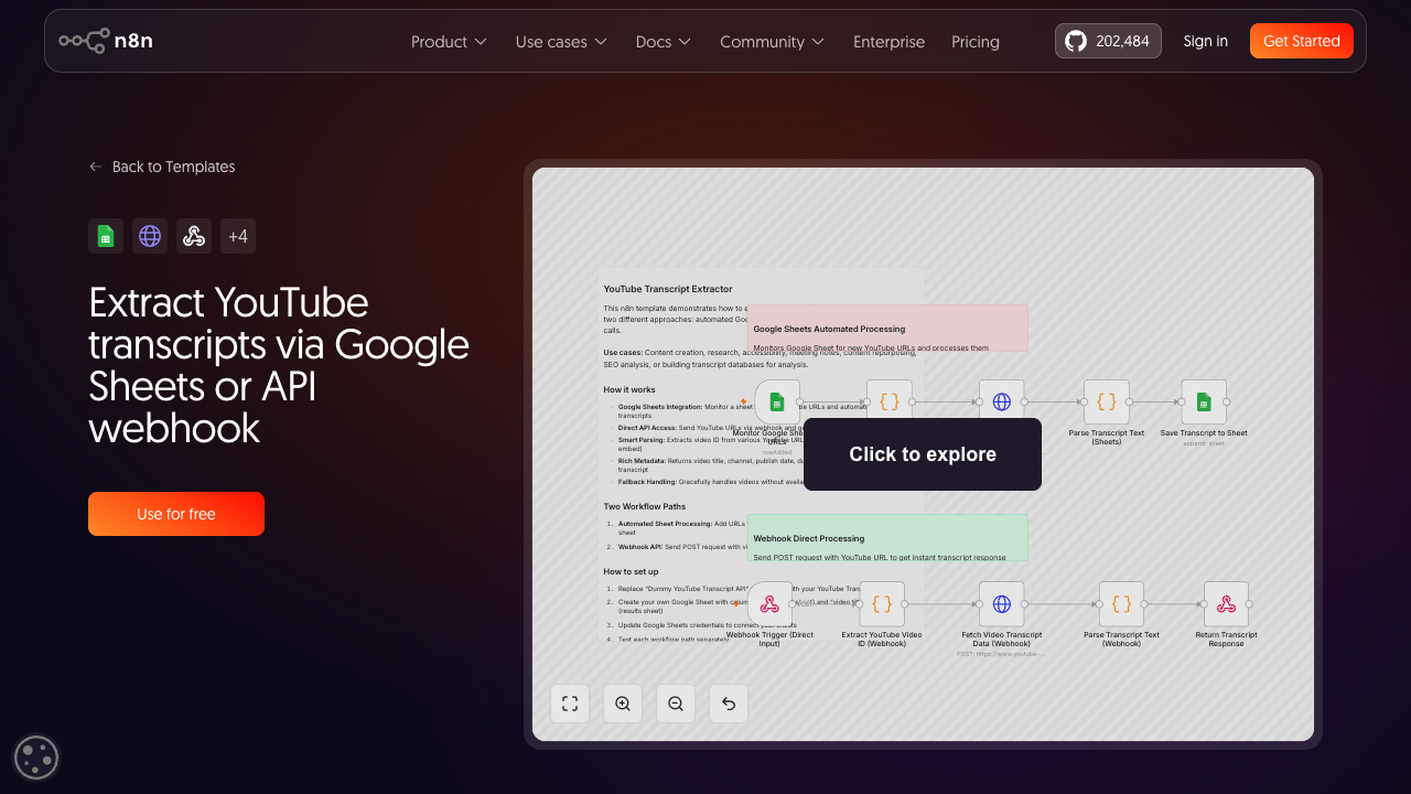 n8n workflow template for extracting YouTube transcripts via Google Sheets or API webhook