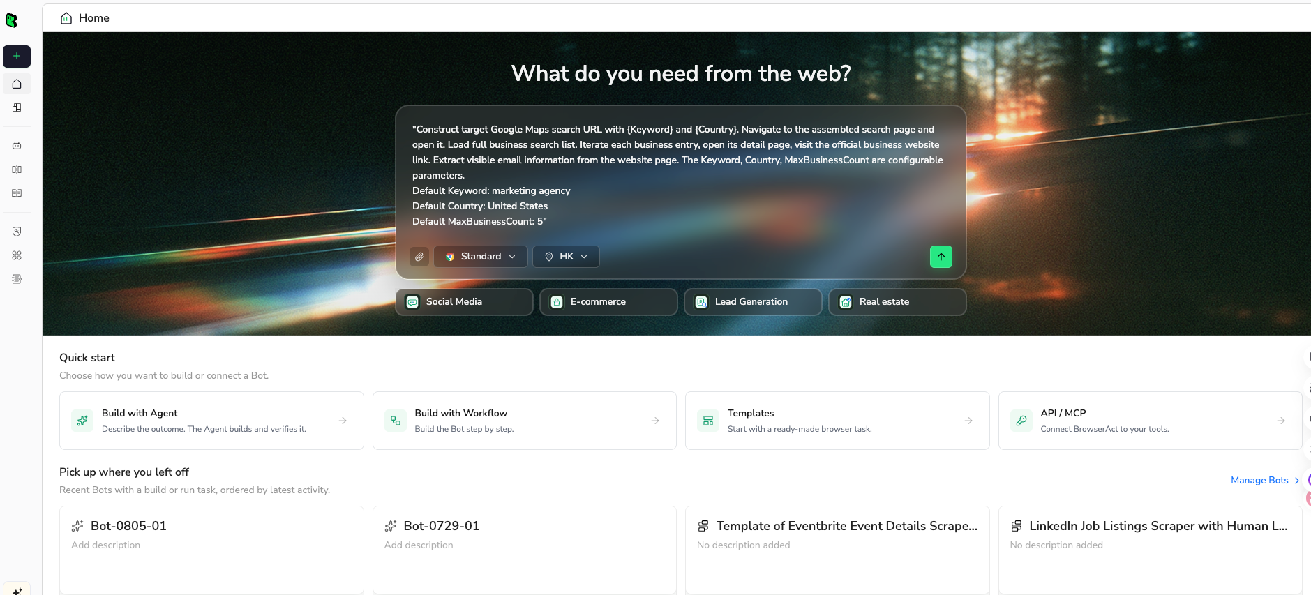 BrowserAct Dashboard prompt area for creating a YouTube bulk transcript Bot