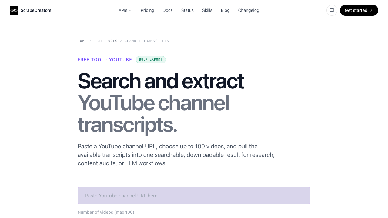 ScrapeCreators YouTube channel transcript extractor official page