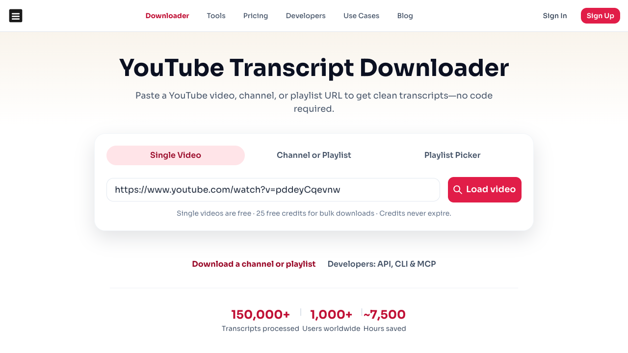 DownloadYouTubeTranscripts official page for bulk channel and playlist transcript downloads