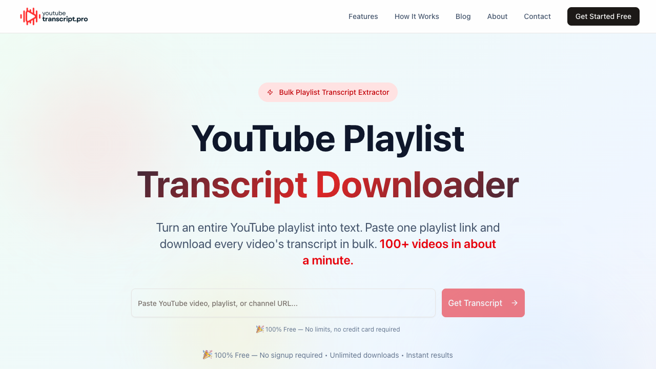 YouTube Playlist Transcript Downloader official page for bulk playlist transcript extraction