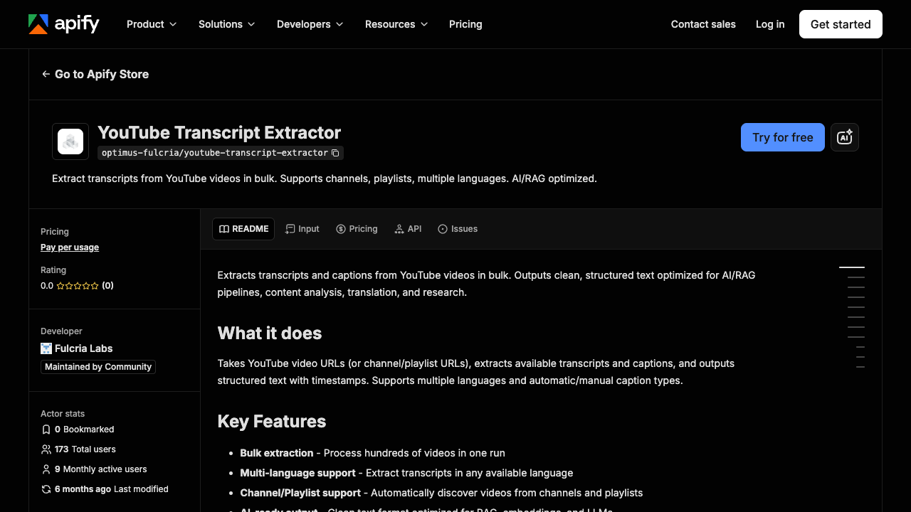 Apify YouTube Transcript Extractor Bulk Captions actor official page