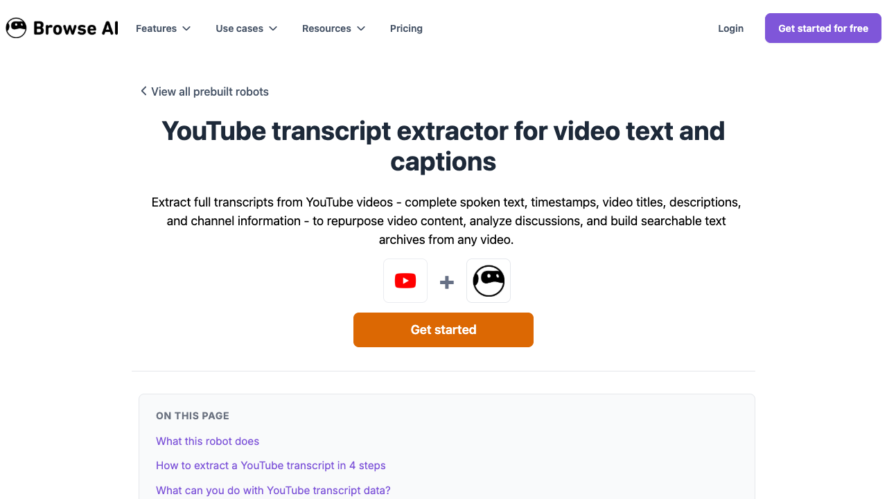 Browse AI YouTube transcript extractor official page showing structured transcript robot