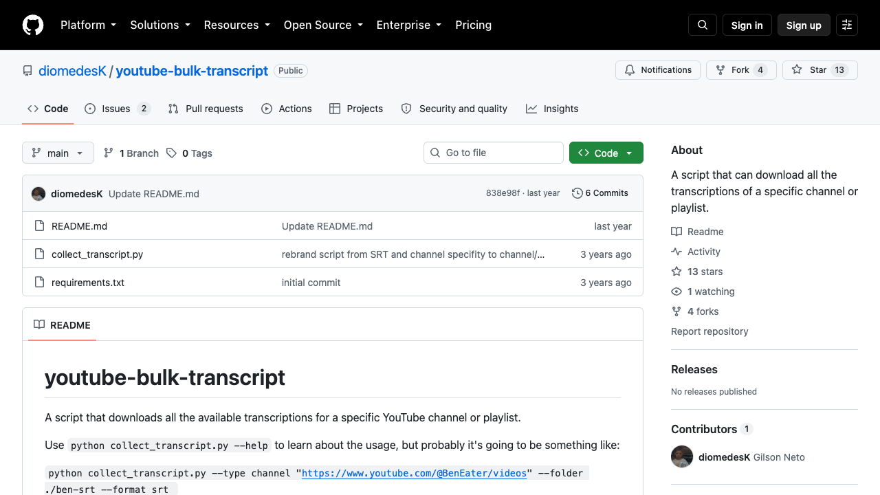 GitHub youtube-bulk-transcript repository official page