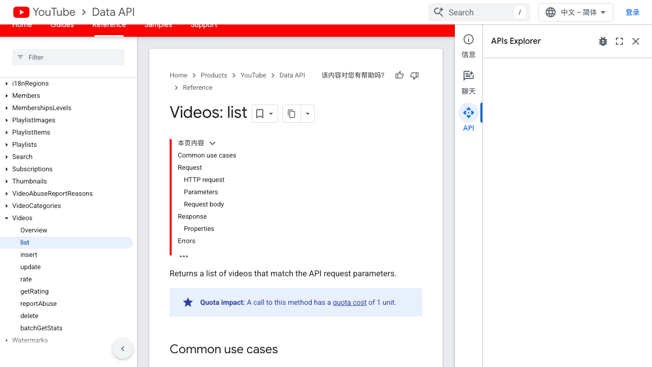 Google YouTube Data API videos.list documentation for video details and statistics