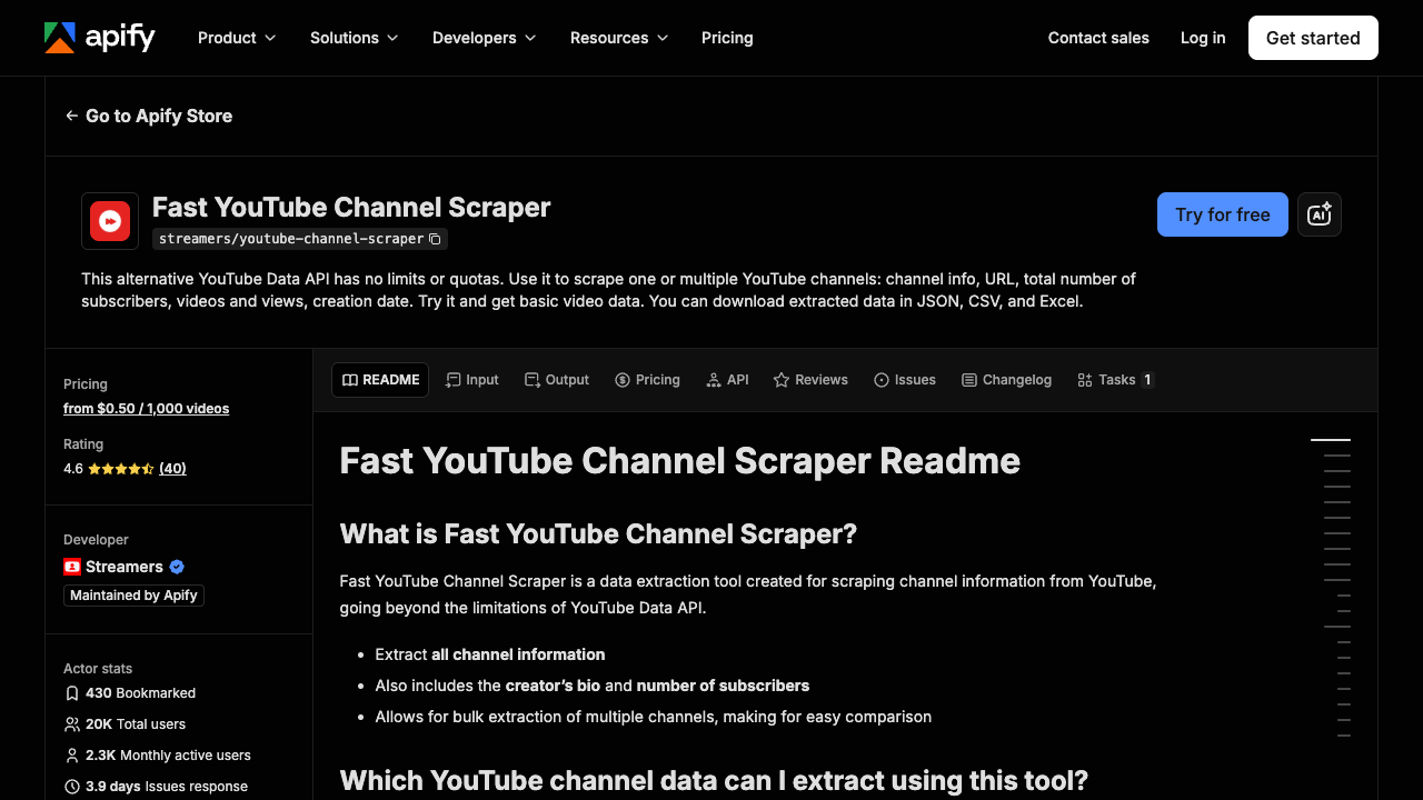 Apify Fast YouTube Channel Scraper official page