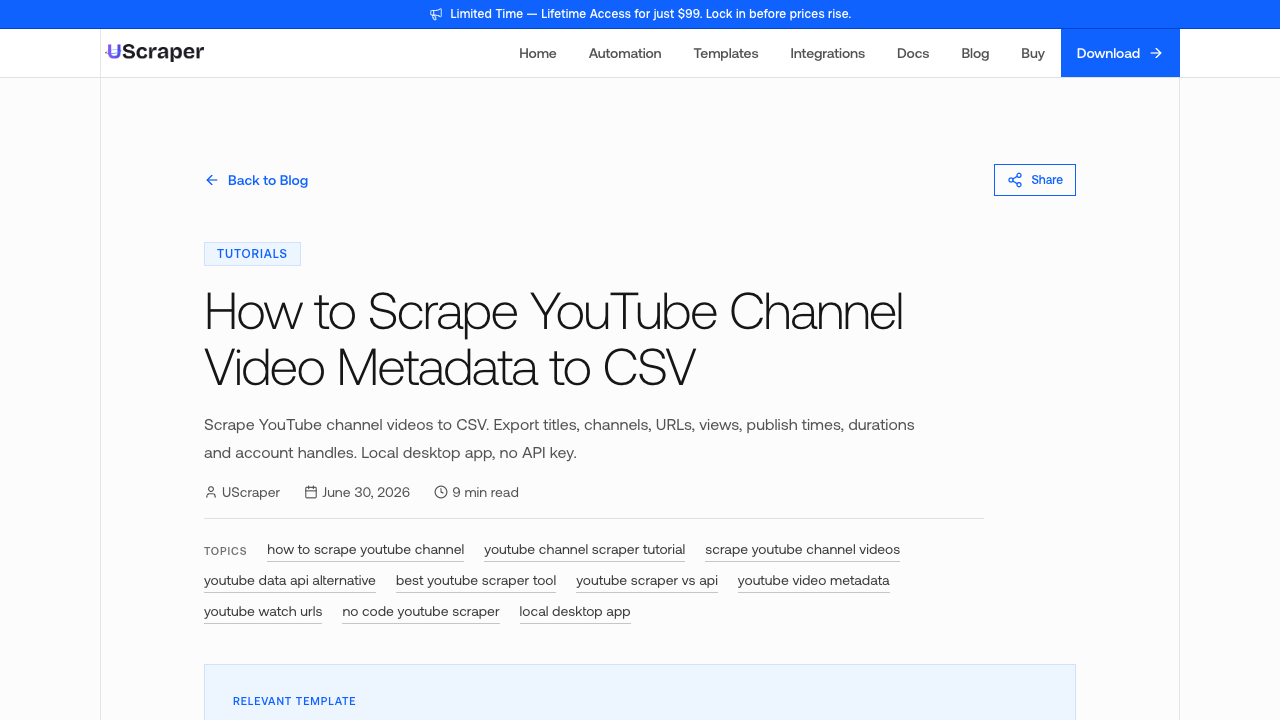UScraper YouTube channel video metadata CSV tutorial page