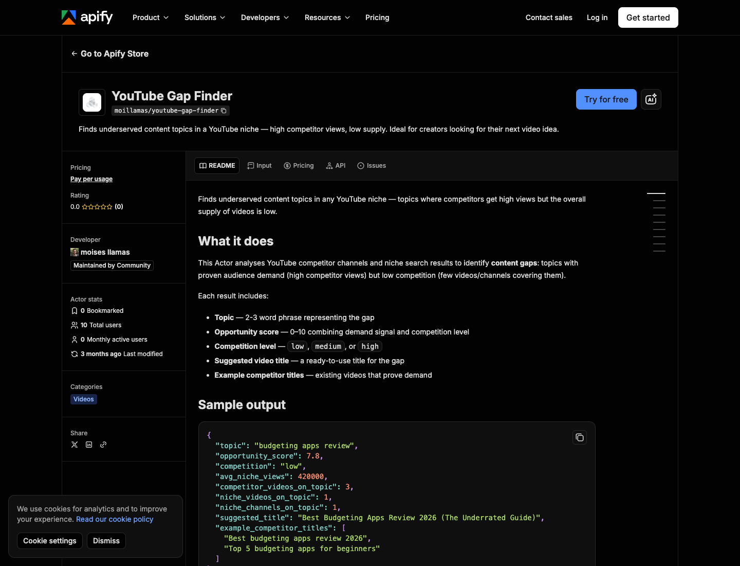 Apify YouTube Gap Finder official actor page screenshot