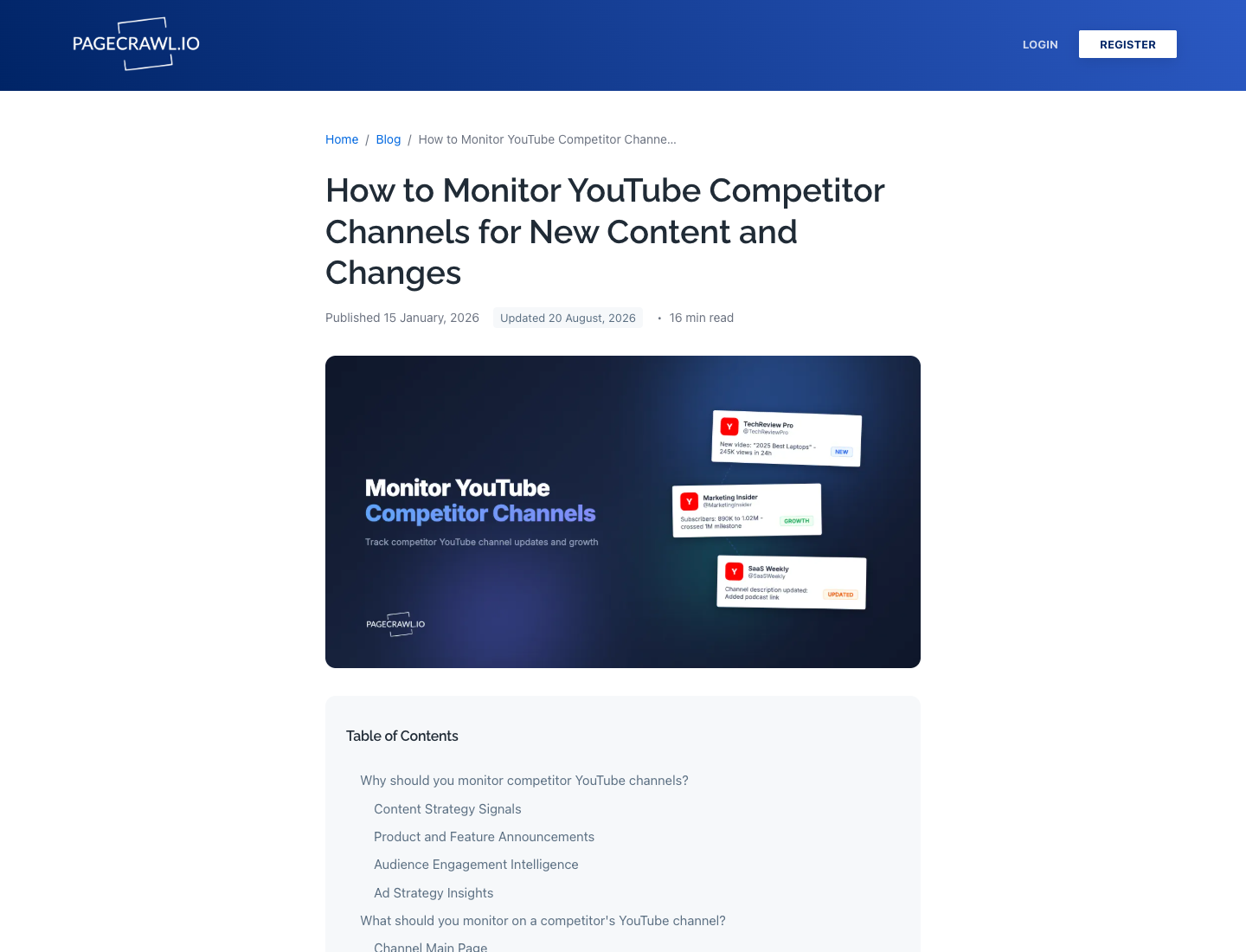PageCrawl official guide for monitoring YouTube competitor channels
