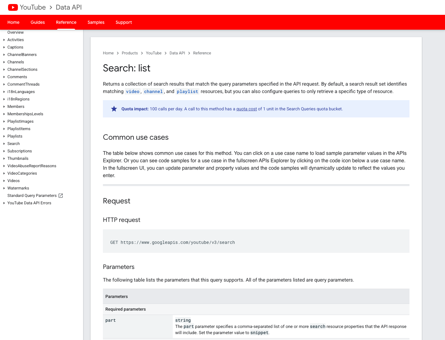Google YouTube Data API search.list documentation screenshot