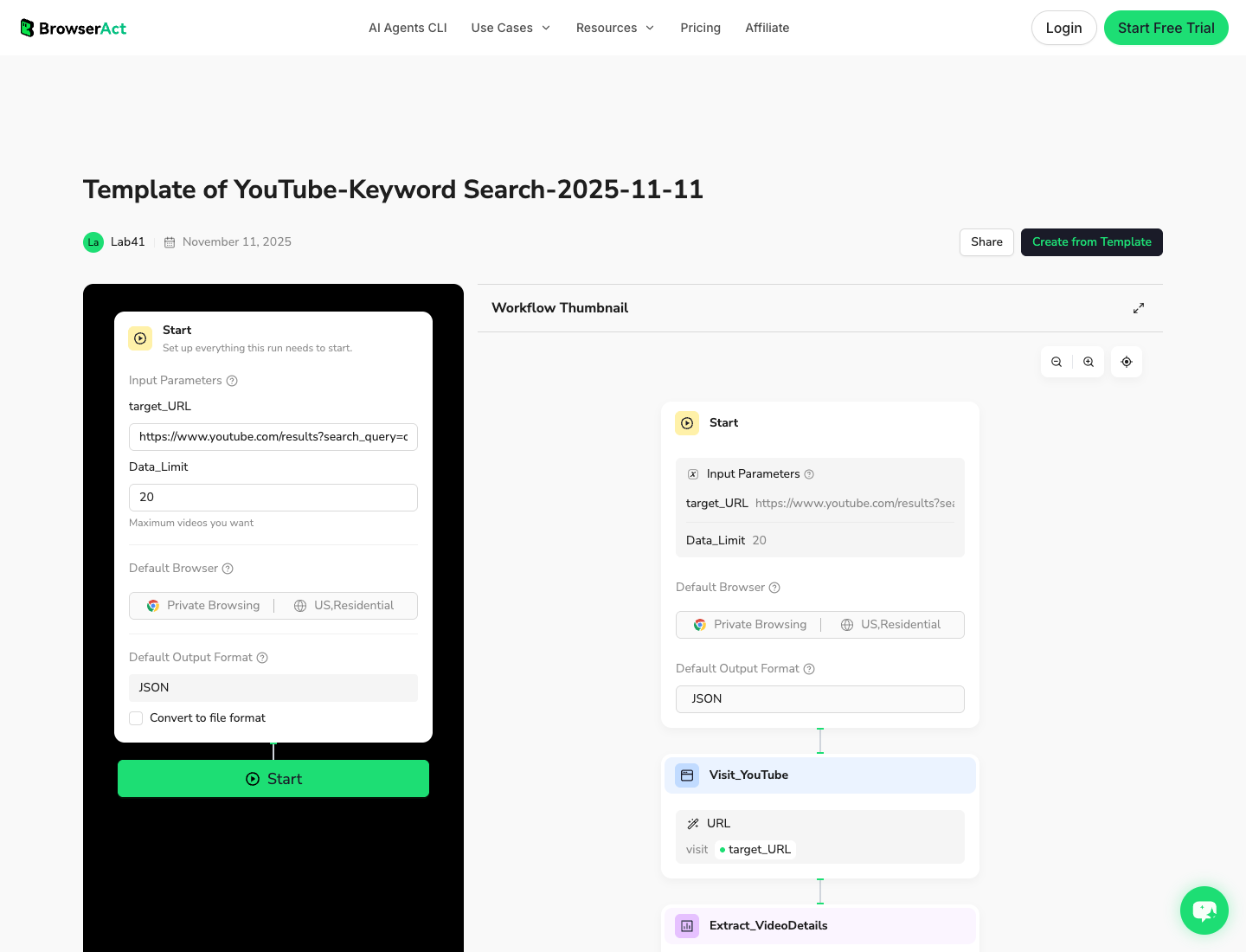 BrowserAct official YouTube Keyword Search template screenshot