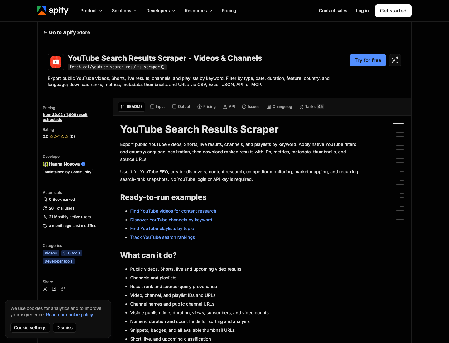 Apify YouTube Search Results Scraper official page screenshot