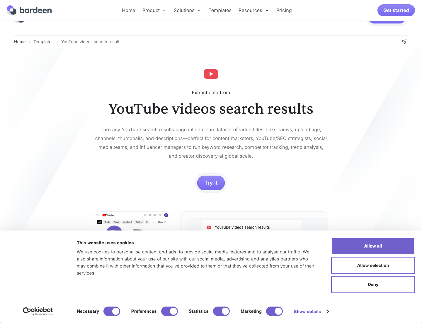 Bardeen YouTube videos search results template screenshot