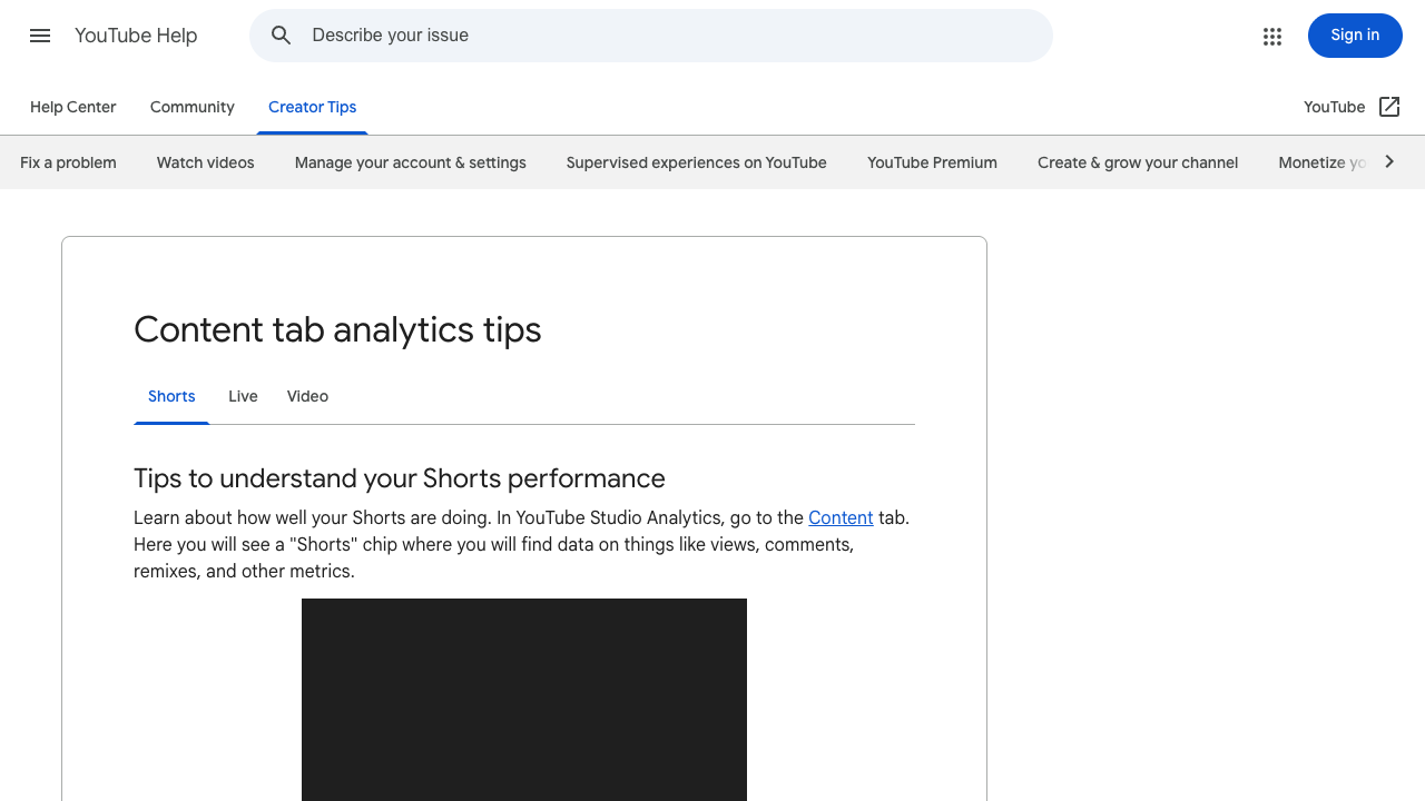 YouTube Help official Shorts analytics page screenshot