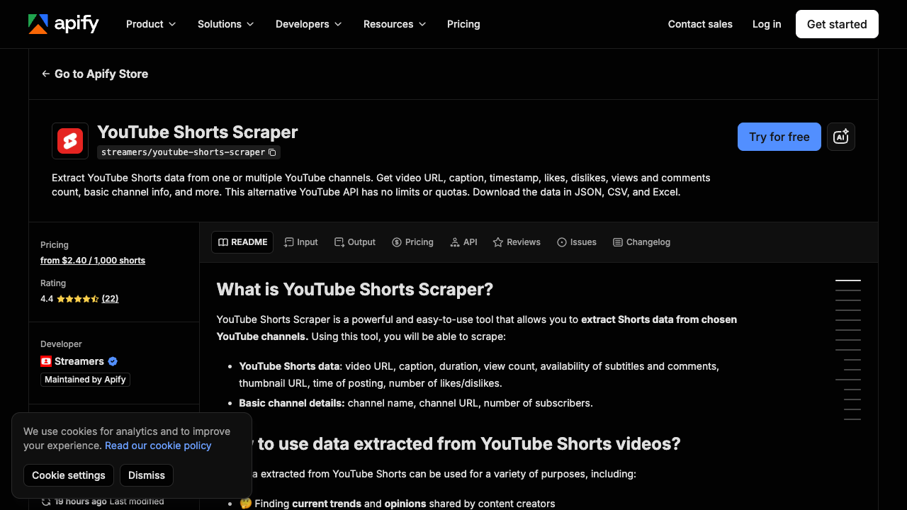 Apify official YouTube Shorts Scraper page screenshot