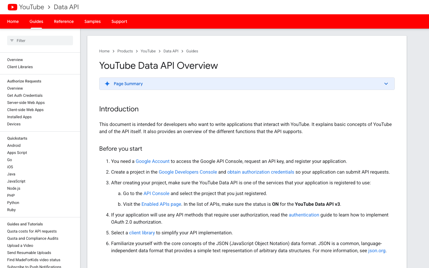 Google official YouTube Data API overview screenshot