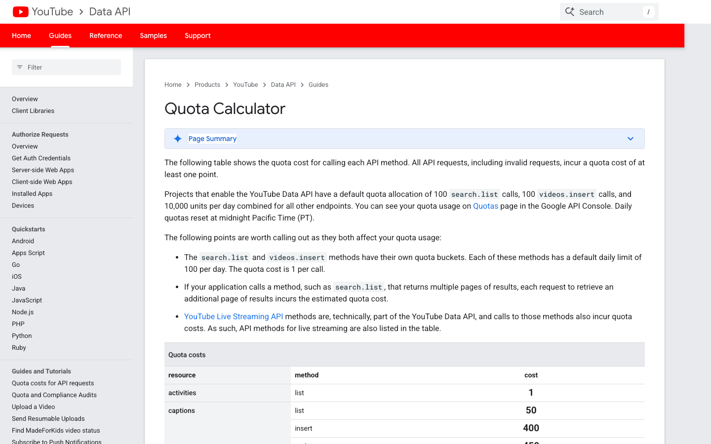 Google official YouTube Data API quota cost documentation screenshot
