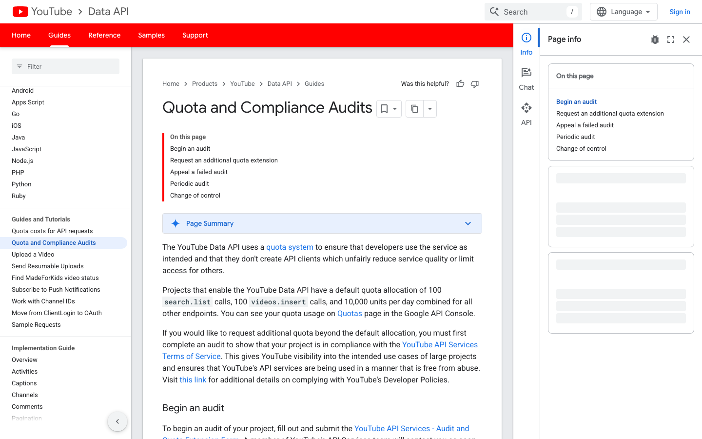 Google official YouTube Data API quota and compliance audit documentation screenshot