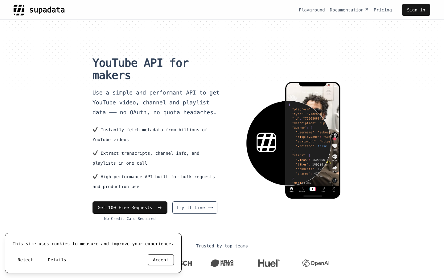 Supadata YouTube API alternative product page screenshot