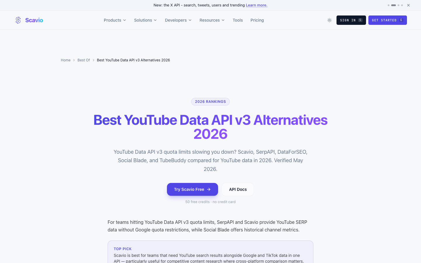 Scavio YouTube Data API alternatives page screenshot