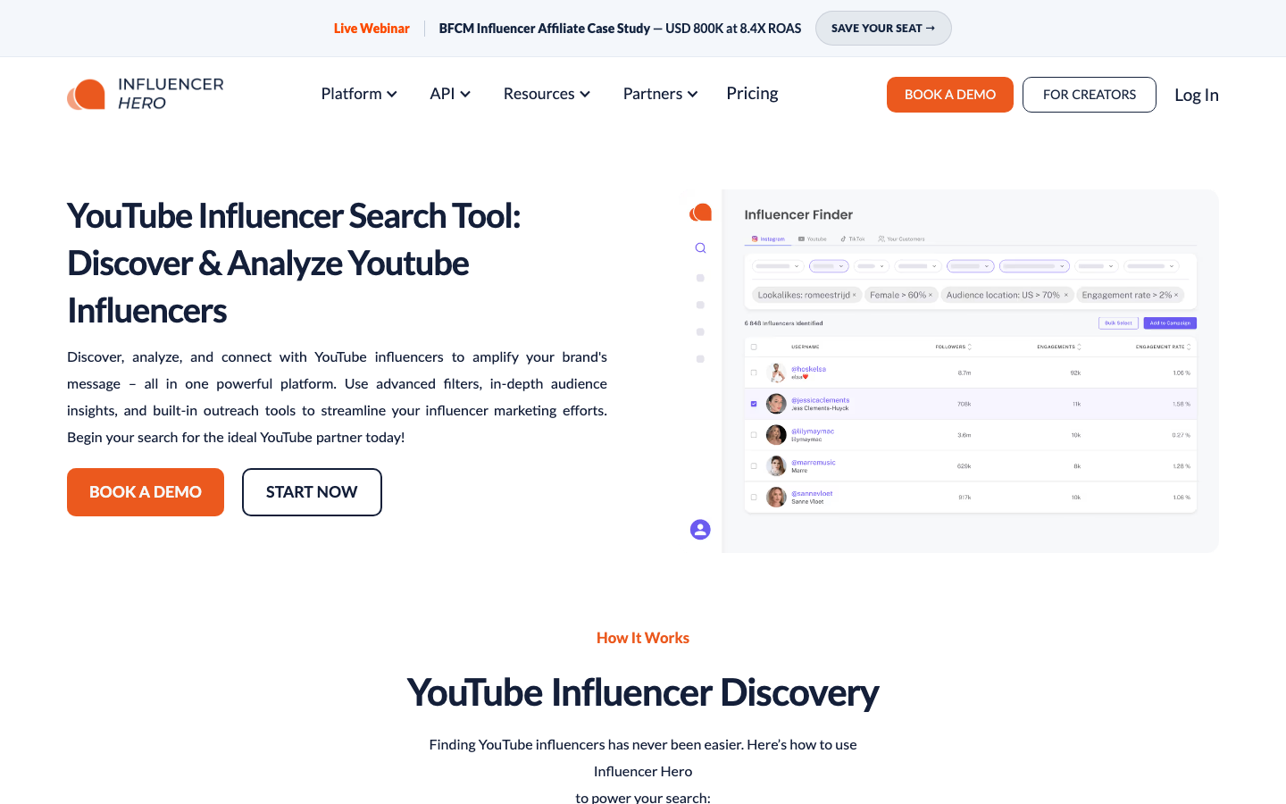 Influencer Hero official YouTube influencer search tool screenshot