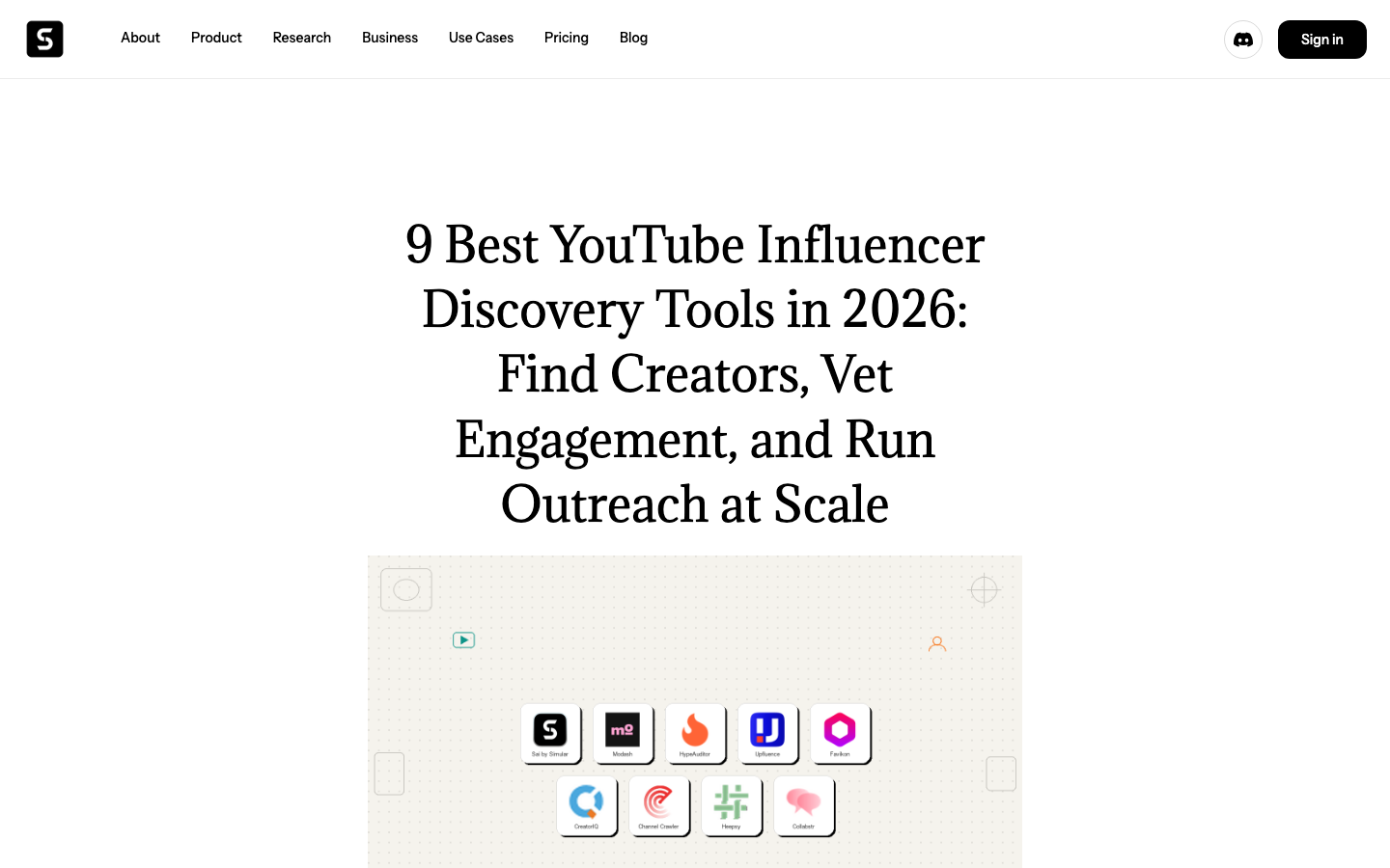 Simular YouTube influencer discovery tools page screenshot