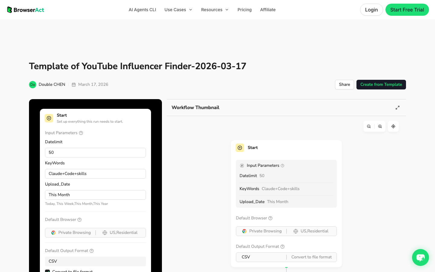 BrowserAct official YouTube Influencer Finder template screenshot