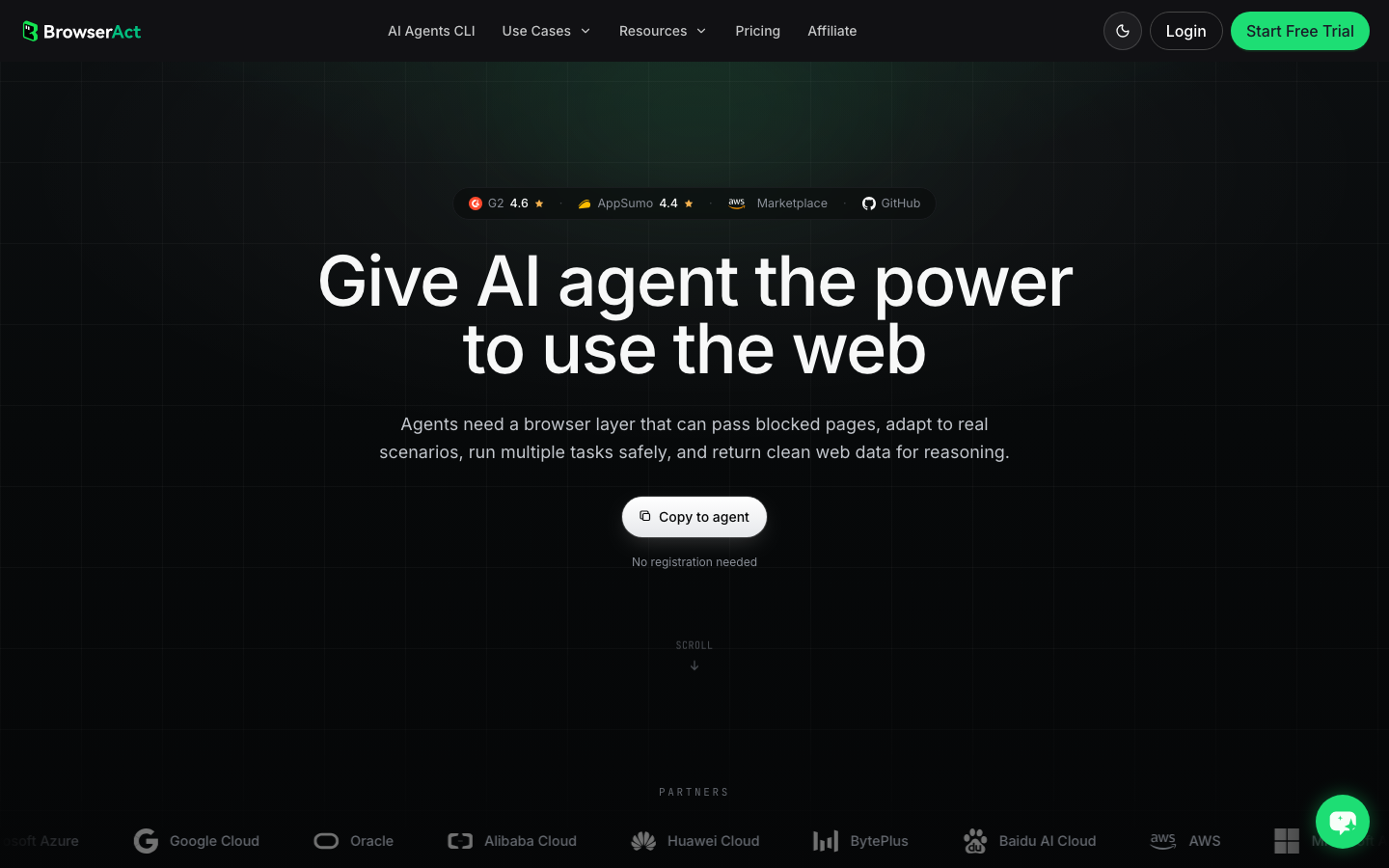 BrowserAct CLI official page screenshot for running approved creator discovery workflows from a controlled stack