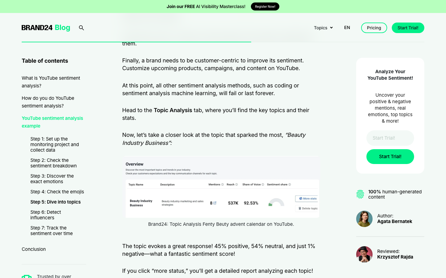 Brand24 official page screenshot showing a YouTube sentiment analysis workflow and examples