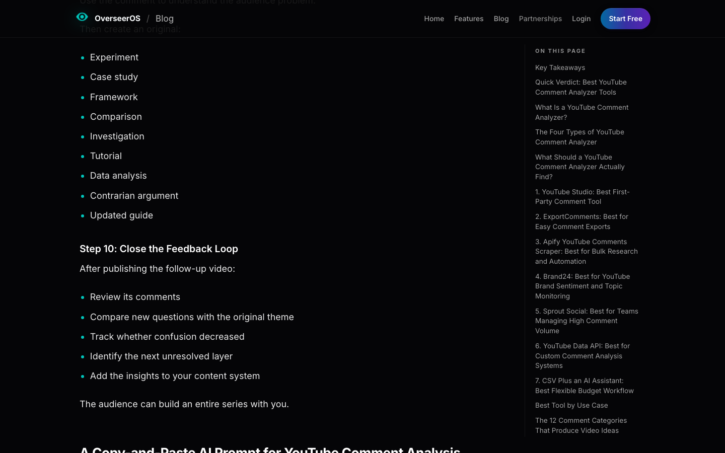 OverSeerOS official page screenshot showing YouTube comment analyzer tool categories