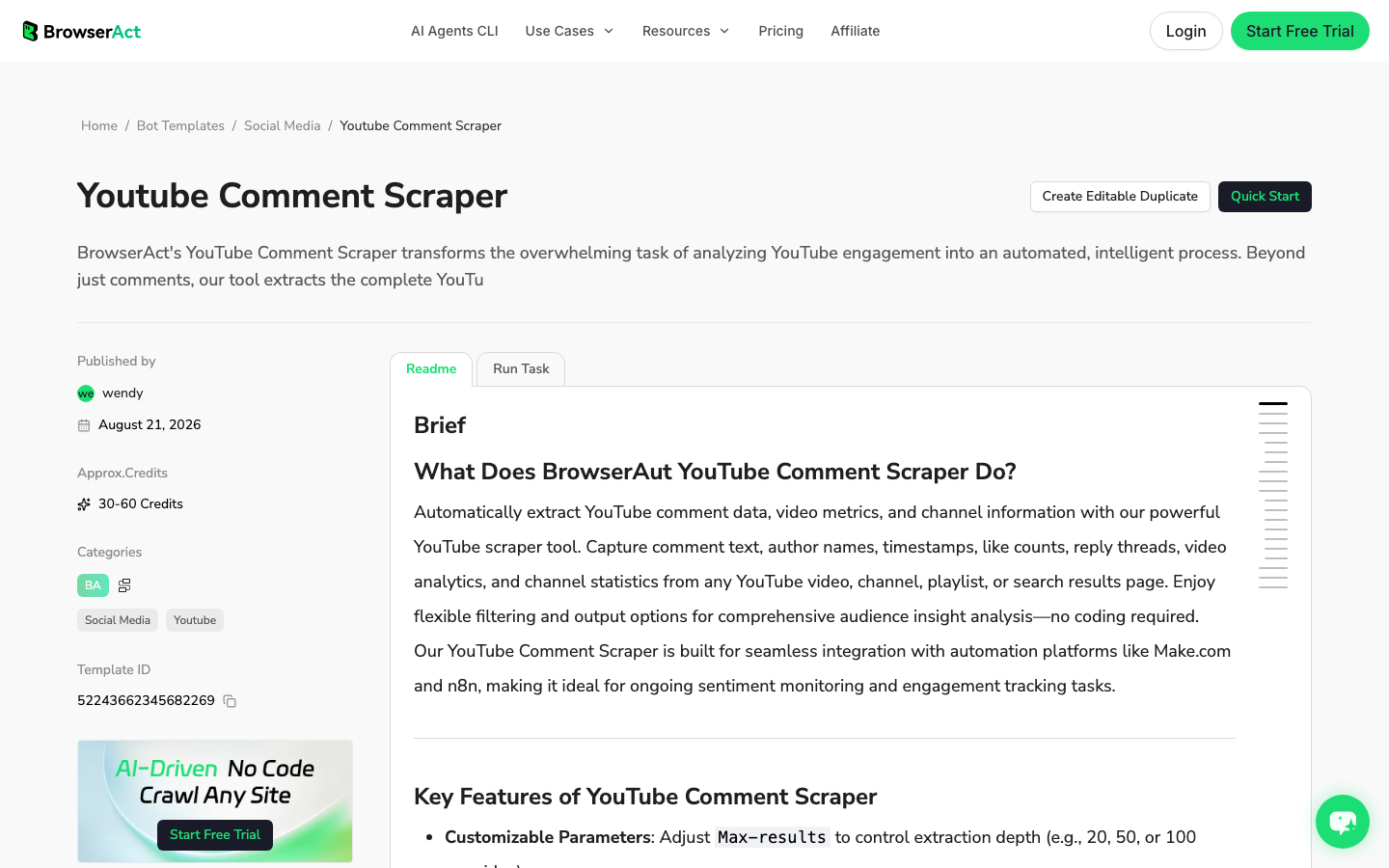 BrowserAct YouTube Comment Scraper template official page screenshot for collecting public YouTube comments