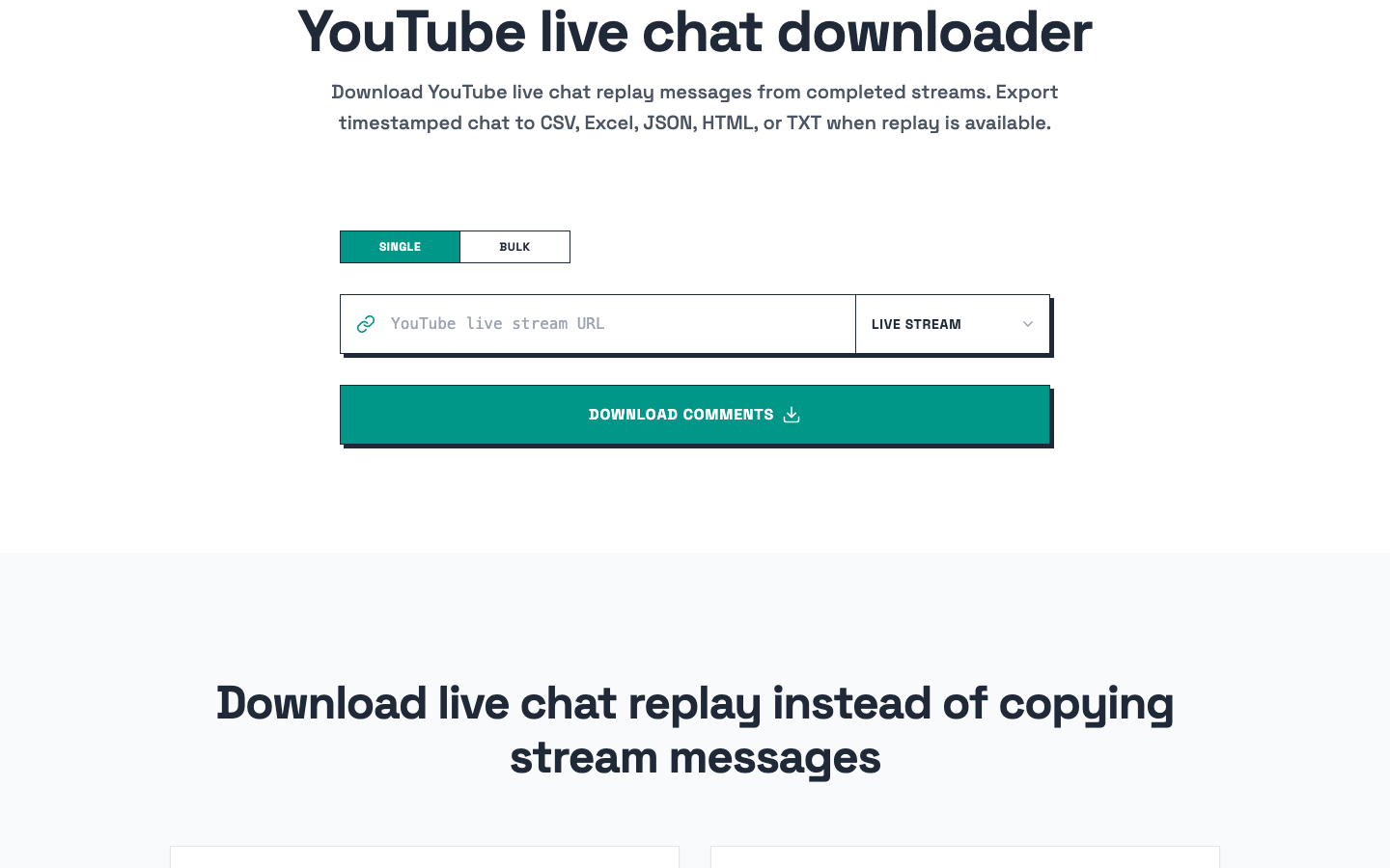 YouTubeCommentsDownloader official page screenshot showing replay chat export for timestamped live chat messages