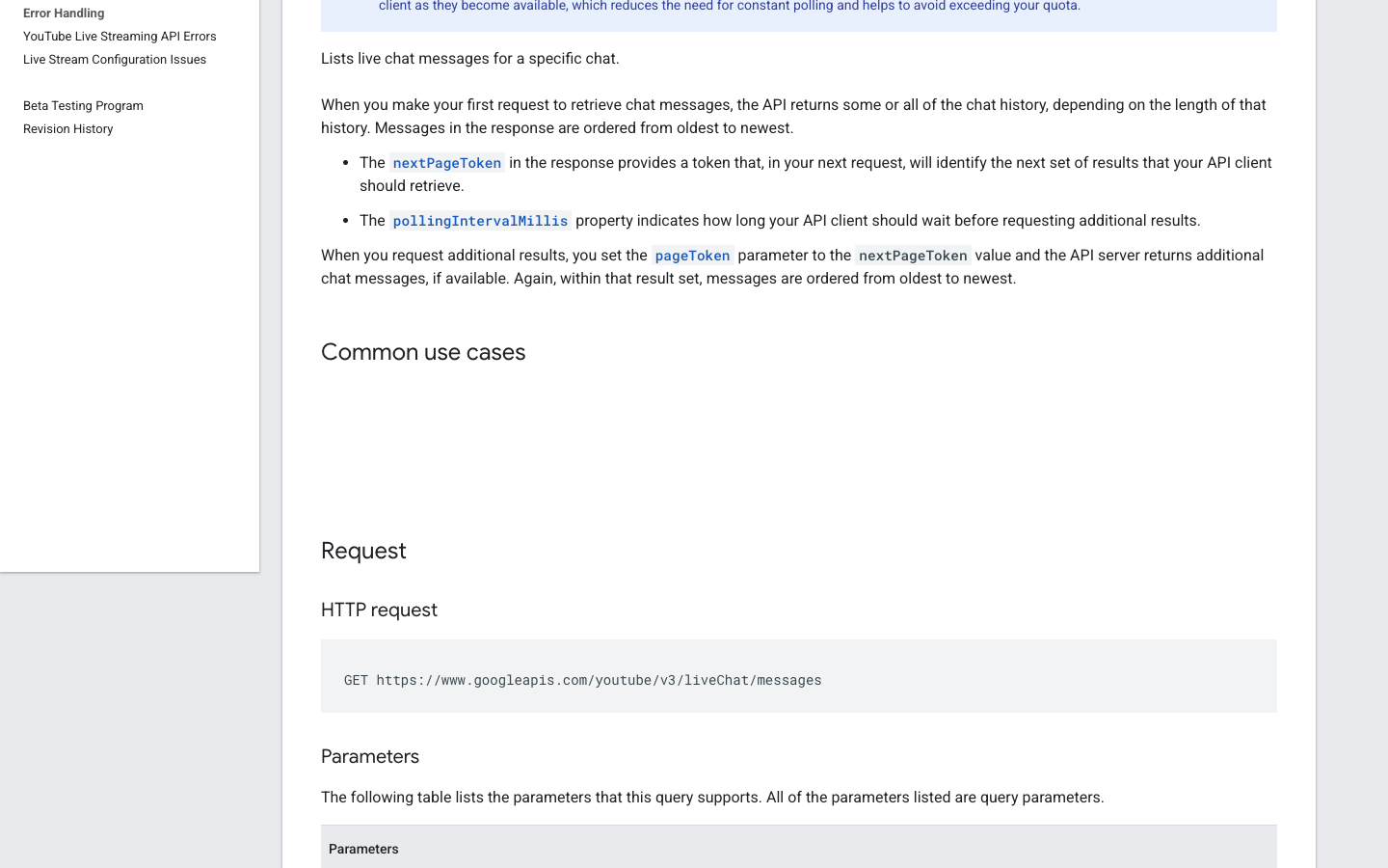 Google official liveChatMessages list documentation screenshot for YouTube live chat API