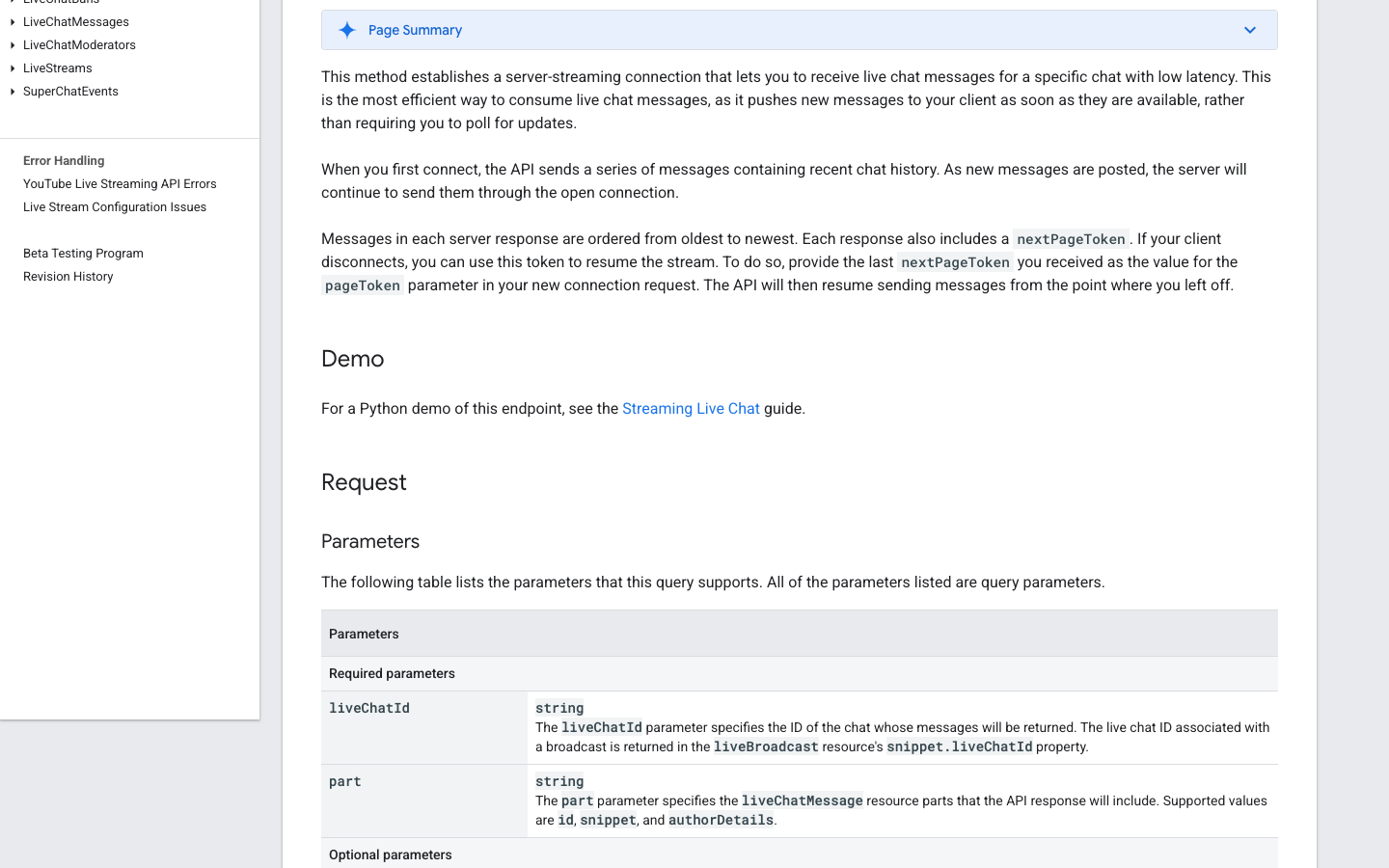 Google official liveChatMessages streamList documentation screenshot for server-streaming YouTube live chat