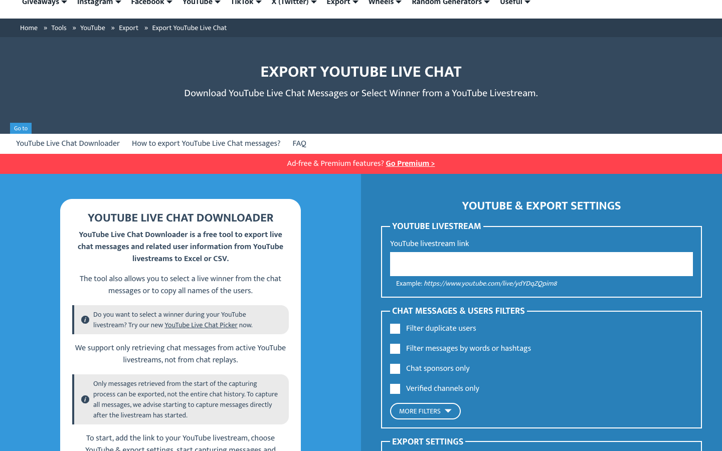 Comment Picker official page screenshot showing YouTube live chat export settings