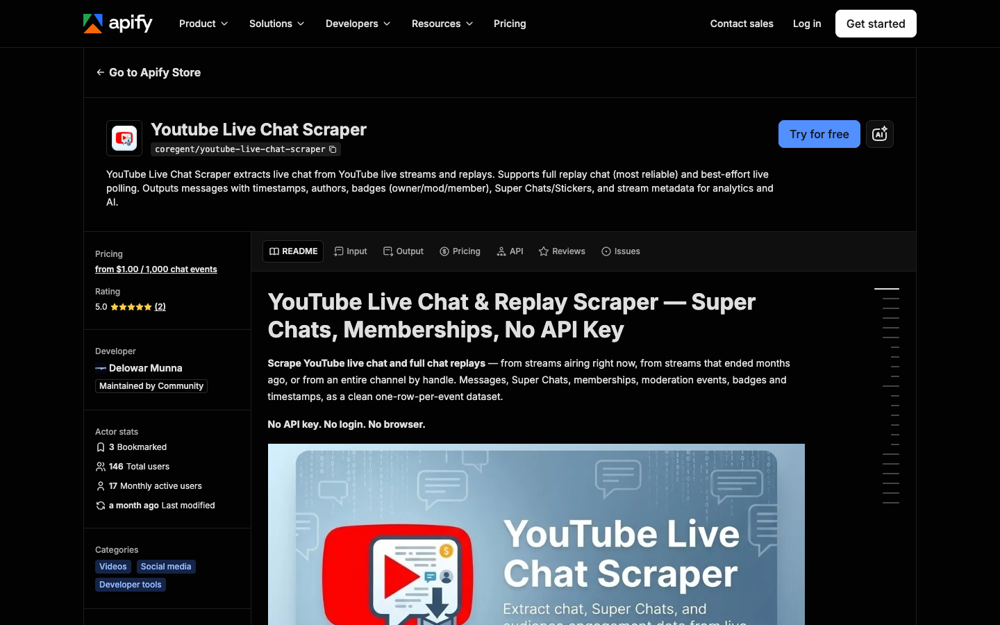 Apify official page screenshot for YouTube Live Chat Scraper actor