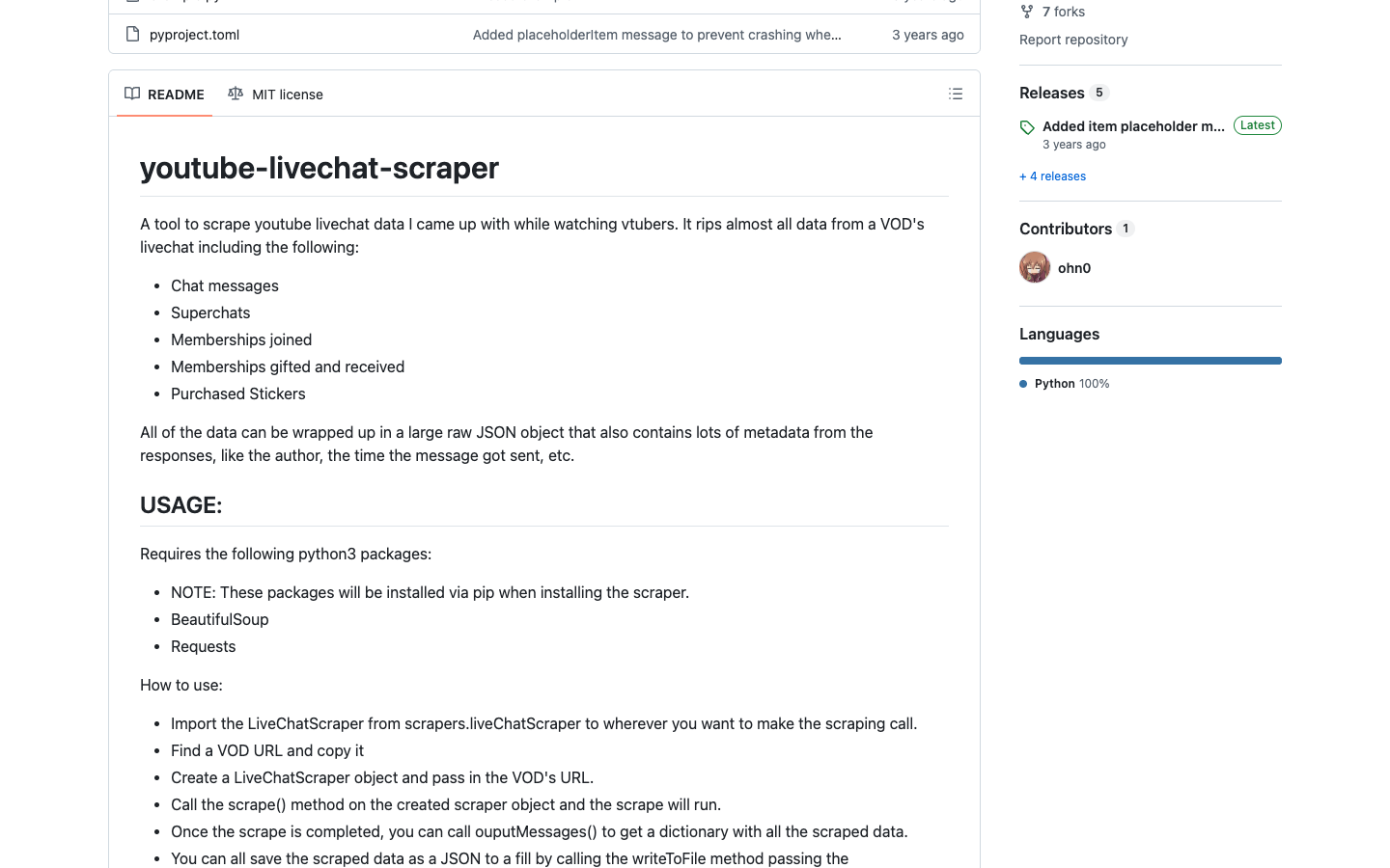 GitHub project screenshot for an open-source YouTube livechat scraper