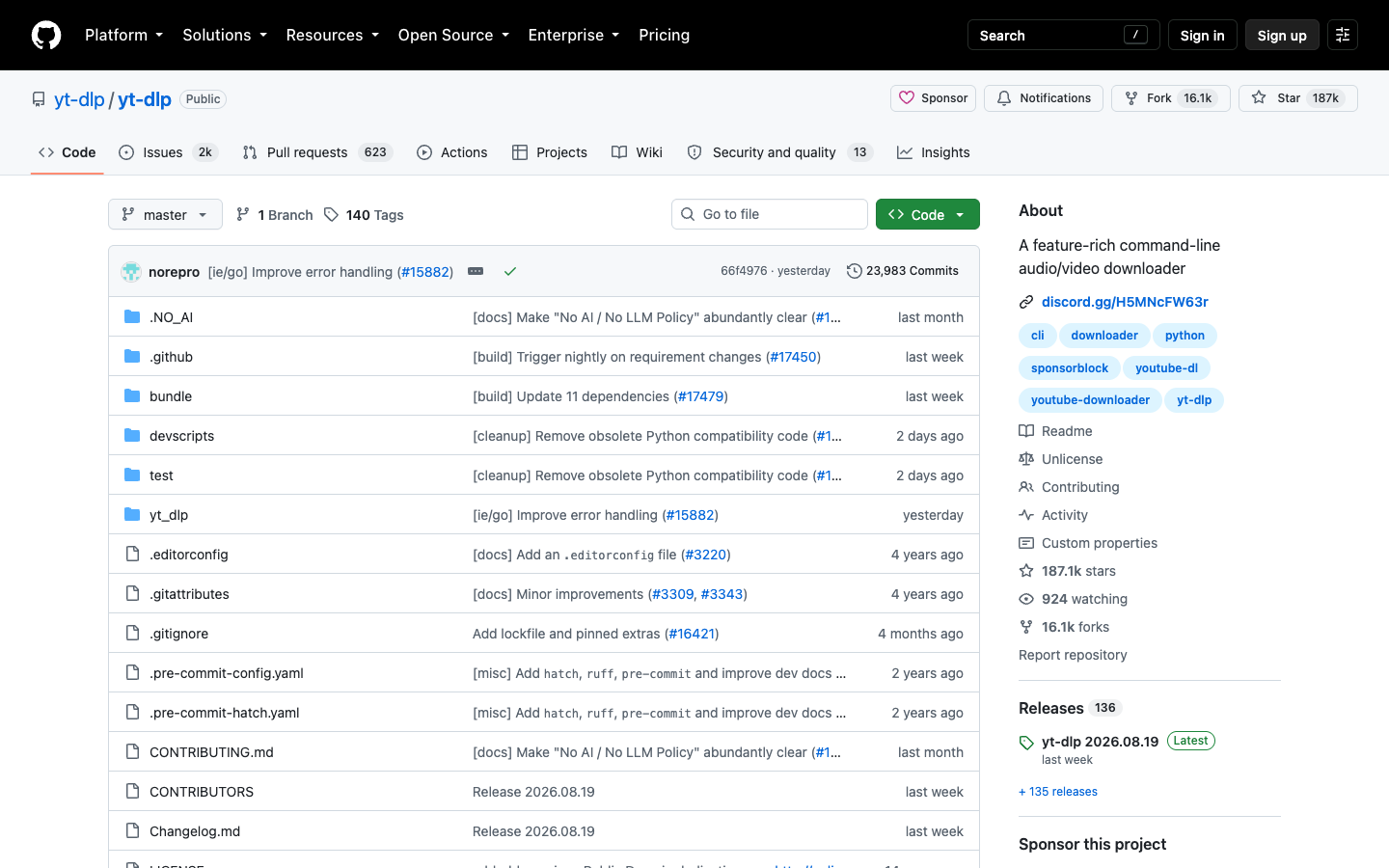 yt-dlp GitHub repository page showing a large open-source YouTube downloader project