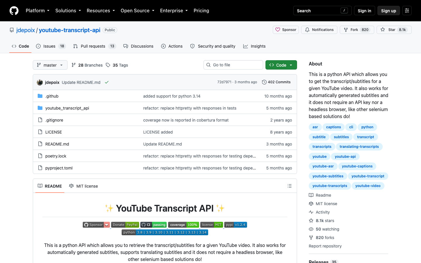 youtube-transcript-api GitHub repository page showing an open-source YouTube transcript extractor