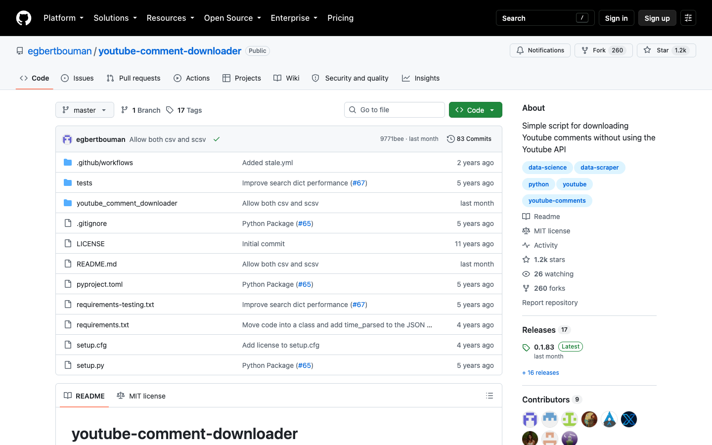 youtube-comment-downloader GitHub repository page for exporting YouTube comments without the official API