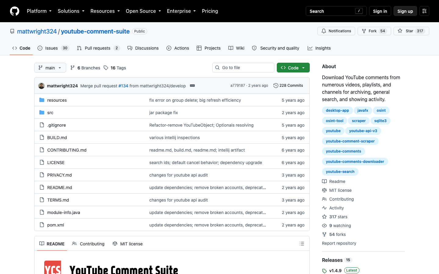 YouTube Comment Suite GitHub repository page showing a GUI-oriented comment export project
