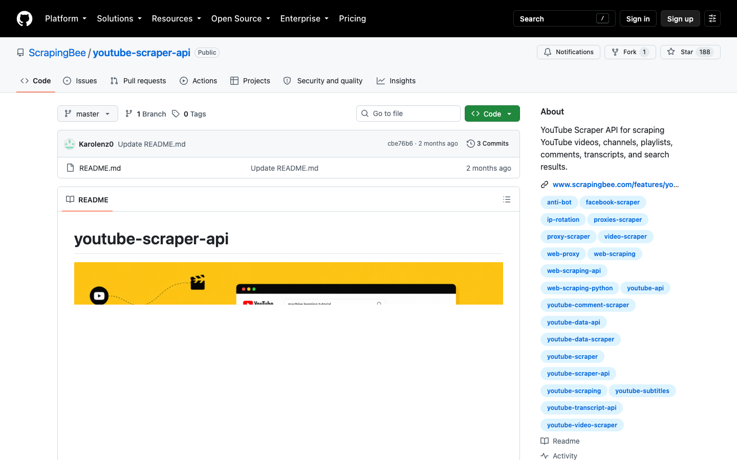 ScrapingBee YouTube scraper API GitHub repository page for an API-style scraper example