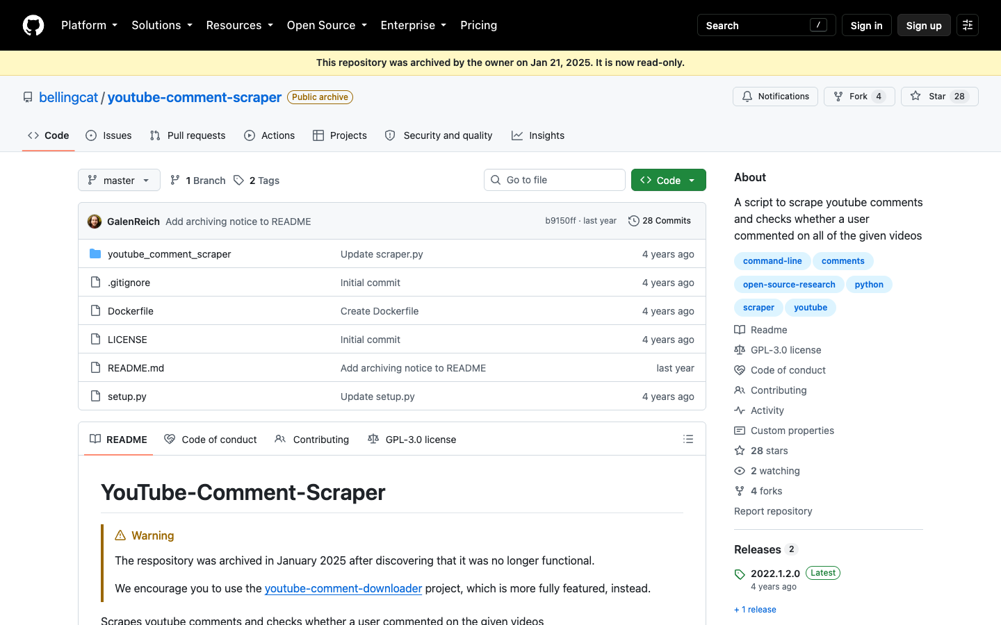 Archived Bellingcat YouTube comment scraper GitHub repository page showing maintenance risk