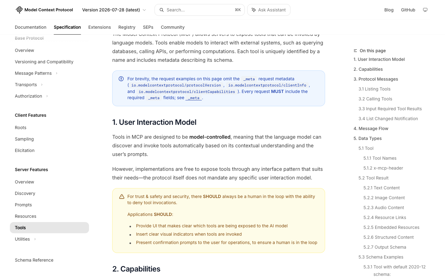 MCP Tools specification screenshot showing how servers expose tools that models can invoke