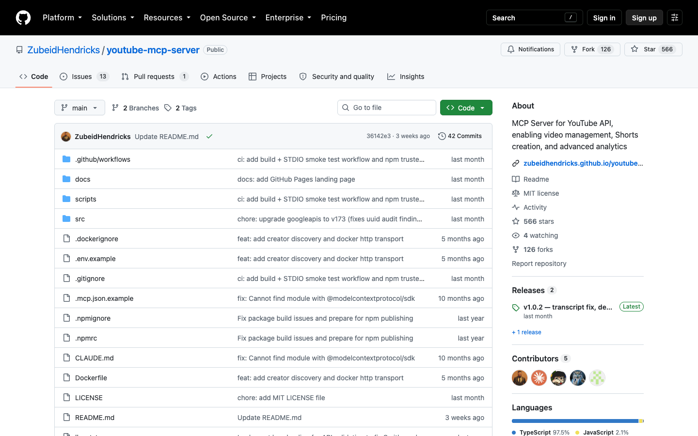 YouTube MCP server GitHub repository screenshot showing a YouTube API MCP implementation