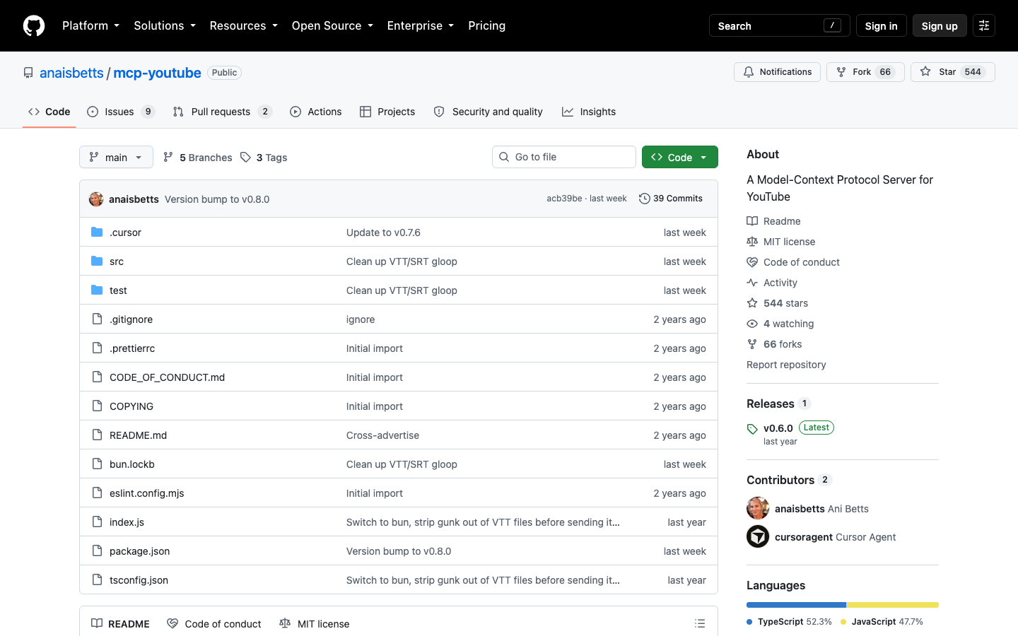 mcp-youtube GitHub repository screenshot showing a Model Context Protocol server for YouTube