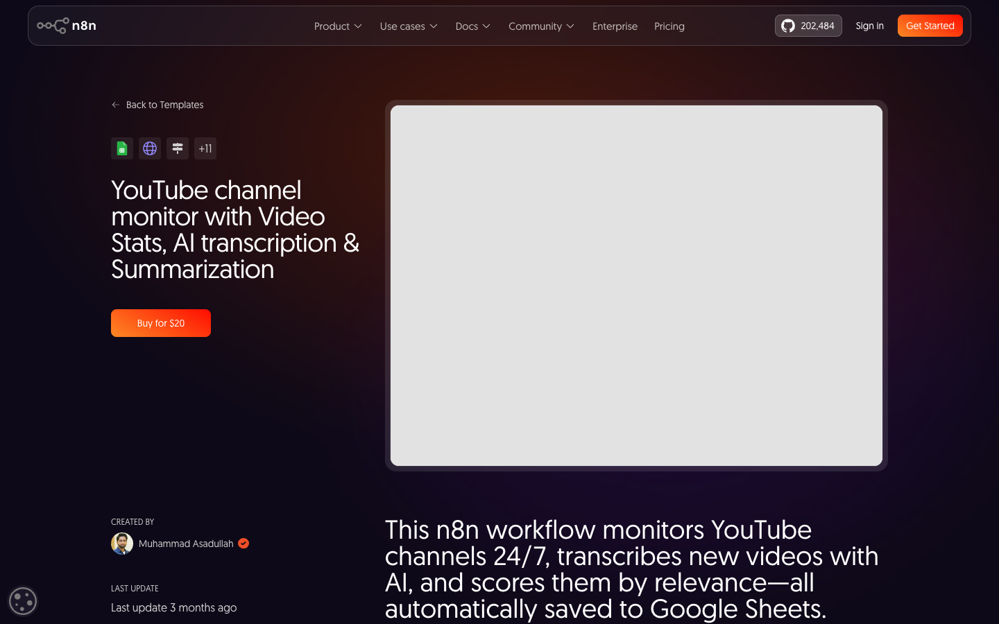 n8n official workflow screenshot for YouTube channel monitoring with video stats, AI transcription, and summarization