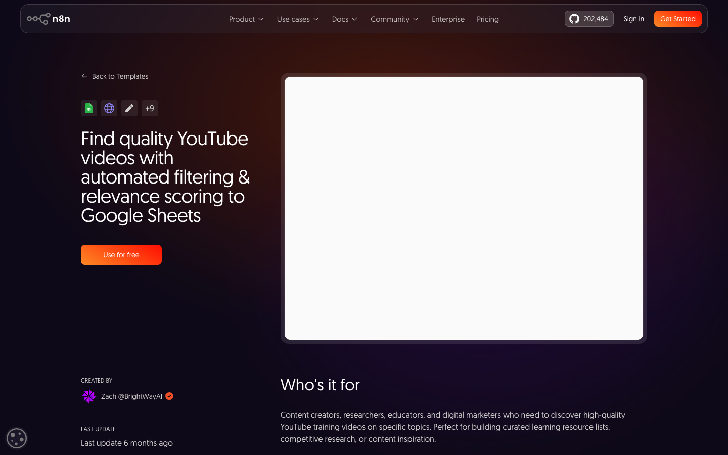 n8n official workflow screenshot for finding quality YouTube videos with filtering and relevance scoring